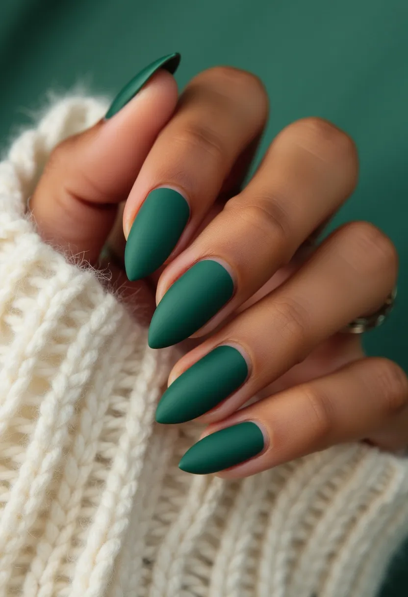 The nails are elegantly shaped in a sleek almond style, showcasing a rich green matte color palette. The consistency and smooth finish suggest a possible gel or shellac treatment, providing a long-lasting and chip-resistant result. There are no intricate patterns or additional decorations, but the simplicity of the design exudes a sophisticated and chic appearance, making it versatile for various occasions. This green shade is particularly suited for the fall or winter seasons, echoing the hues of evergreen trees and adding a stylish touch to the cooler months.