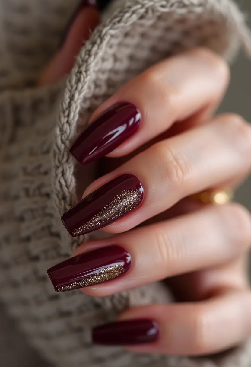 The nail design features a striking color palette of deep maroon with a hint of golden shimmer. The nails are shaped in a long, square style, creating a bold and elegant look. Each nail predominantly showcases a glossy maroon shade, with a single accent nail on each hand featuring a diagonal stripe of gold glitter, adding a touch of sophistication and glamour. The high gloss finish indicates a gel nail treatment, ensuring a durable and polished appearance. The combination of deep maroon and gold tones, along with the shimmering accents, suggests a theme suitable for autumn or winter seasons, possibly catering to festive occasions or formal events.