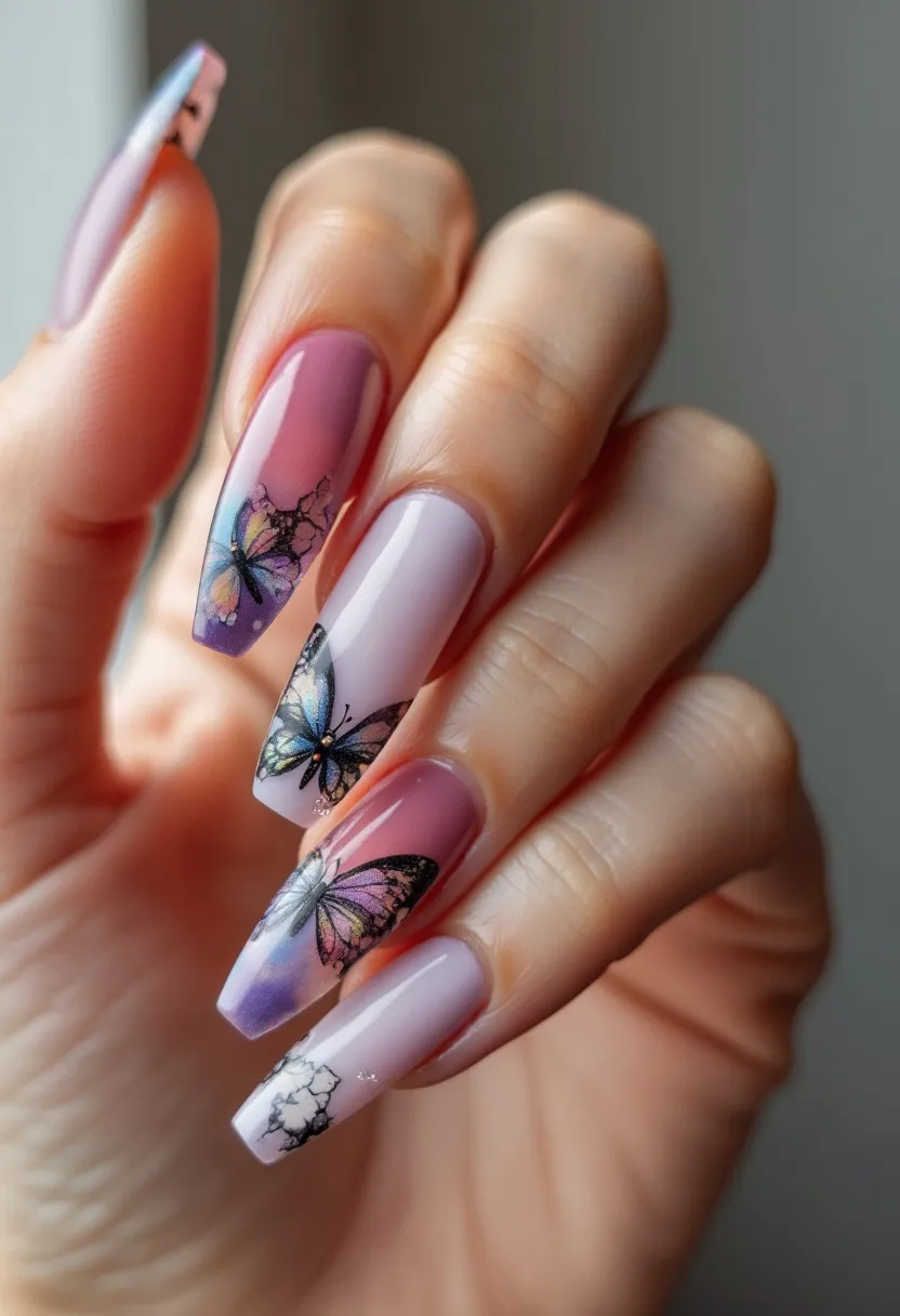 The nail design features a sophisticated blend of pink, lavender, and purple hues, creating an elegant and feminine palette. The nails are long and square-shaped, contributing to a modern and stylish appearance. Intricate patterns of butterflies and delicate floral motifs are detailed across the nails, with the butterflies displaying vivid, multicolored wings. This design is enhanced with a smooth, glossy finish, indicating a gel or shellac treatment. The overall look is whimsical and artistic, ideal for the spring season or special occasions where a detailed, nature-inspired manicure can be showcased.