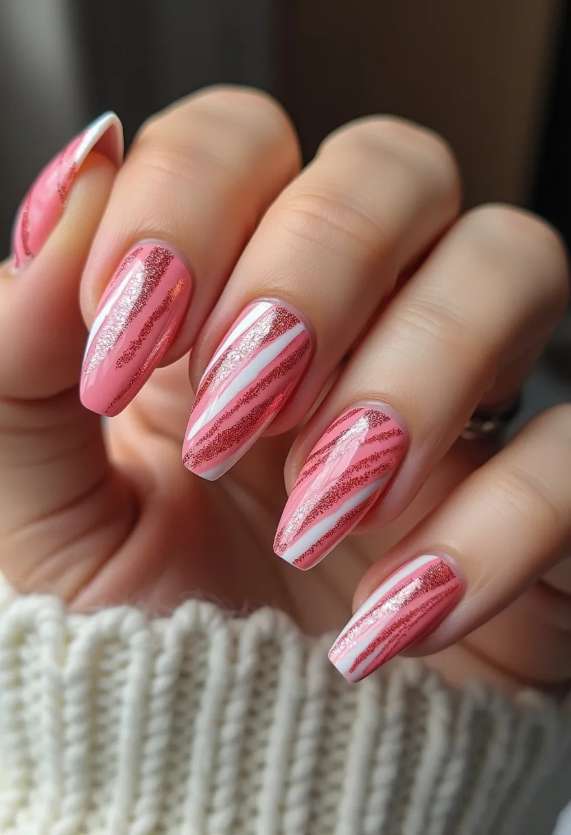 The nail design features an elegant color palette primarily consisting of soft pink and white hues, with the addition of fine, glittery rose gold accents. The nails are shaped into a modern, pointed almond form, which enhances the sophisticated style of the design. Intricate diagonal stripes in rose gold glitter embellish each nail, alternating with bold white lines, creating a visually striking and dynamic pattern. This manicure appears to be achieved using gel polish, given its high gloss and smooth finish. The overall design exudes a festive and cheerful vibe, making it suitable for celebratory or special occasions, possibly for spring or summer themes with its fresh and lively colors.