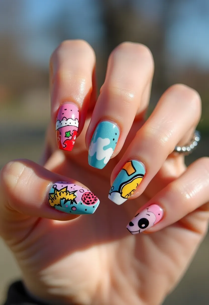 These nails feature a vibrant and eclectic design, showcasing an array of colorful visual elements. The nails are shaped in a medium-long coffin or ballerina style. The color palette includes bold hues of blue, pink, yellow, red, and white, used to create various intricate patterns and illustrations. Each nail displays a different artistic scene, reminiscent of pop art or comic book styles, with elements such as clouds, cartoon characters, abstract shapes, and playful doodles. The use of a glossy finish suggests a gel or shellac nail treatment, giving the design a lustrous and durable appearance. The playful and bright nature of the design makes it suitable for a fun and casual spring or summer occasion.