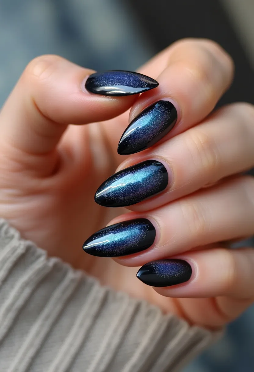 The nail design features a dark, galactic-themed color palette of predominantly dark blue to black, with a shimmering, almost iridescent effect that gives depth and visual interest to the design. The nails are shaped into a pointed almond style, which adds to the dramatic effect of the color scheme. The nails have a glossy finish that is indicative of a gel or shellac treatment, providing a smooth, high-shine surface. The intricate pattern mimics the night sky or outer space, featuring subtle gradients and sparkles that resemble stars or cosmic dust. This design is versatile but lends itself particularly well to the winter season or special occasions like night-time events or parties due to its elegant, eye-catching aesthetic.