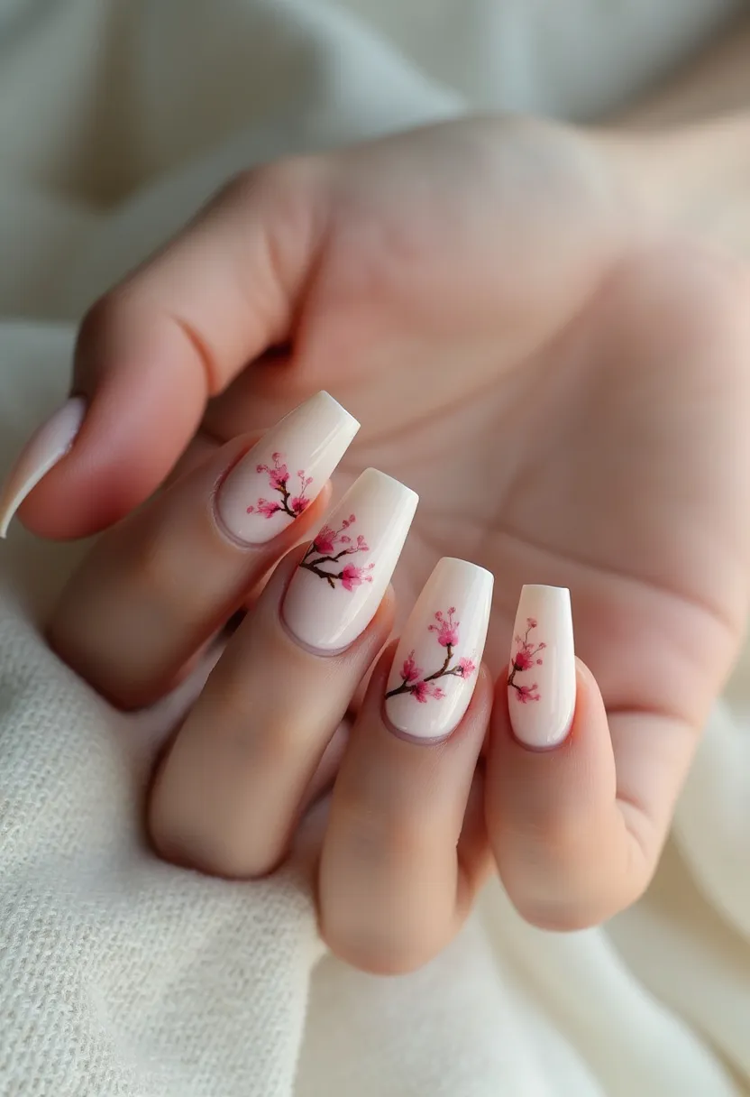 The nail design features a soft, pastel color palette with a light pink or nude base color that provides a delicate and feminine backdrop. The nails are shaped into a medium length, elegant coffin style. Each nail is adorned with a detailed hand-painted design of blooming cherry blossoms, consisting of tiny pink flowers and slender brown branches that are meticulously done, adding a touch of nature-inspired artistry. The intricate floral patterns suggest a spring theme, making it ideal for the season or special occasions such as weddings or garden parties. The nails appear to be treated with gel polish, providing a glossy and durable finish that enhances the overall sophisticated look.