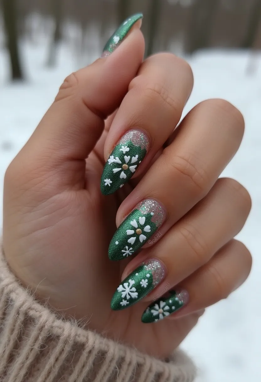 The nail design showcases a festive and elegant look with a color palette dominated by dark green, silver glitter, and white. The nails are almond-shaped, offering a sophisticated and elongated appearance to the fingers. The green polish appears to be a shiny, metallic or gel finish, suggesting a possibly longer-lasting treatment such as gel or acrylic nails. Intricate white patterns decorate most of the nails, featuring floral and snowflake designs, which add a playful and delicate touch to the otherwise bold green background. Gold dots accentuate the centers of the flowers, providing a slight contrast and a hint of sparkle. This nail design seems well-suited for the winter season or holiday celebrations due to the use of snowflakes and rich green hues, reminiscent of festive decor and winter landscapes.