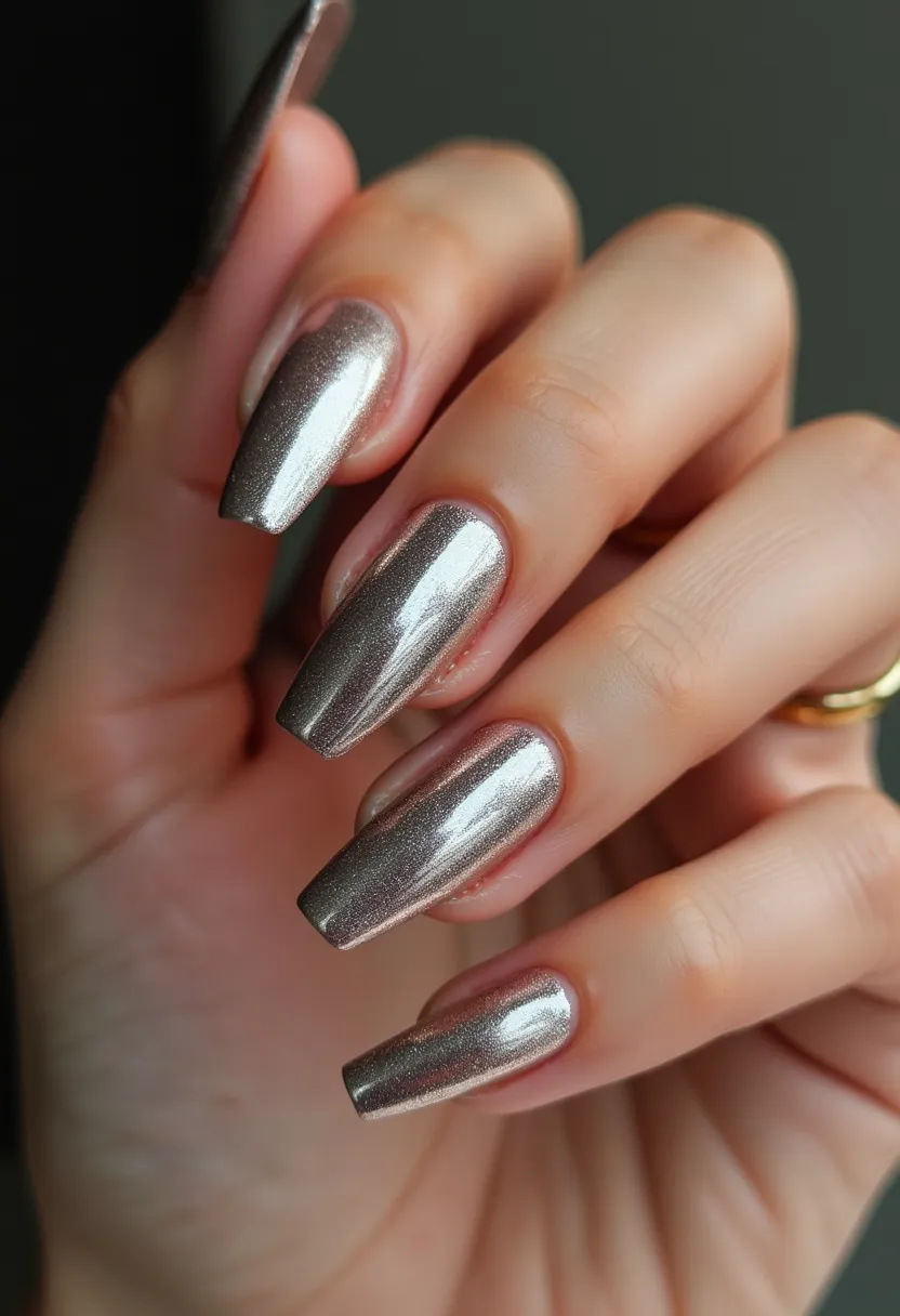 The nail design features an elegant metallic chrome color palette with a striking, reflective sheen that suggests a sophisticated and modern look. The nails are shaped in a long, coffin (or ballerina) style, which adds to the chic and polished appearance. The finish appears to be a high-gloss gel treatment, presenting a smooth and seamless surface that enhances the metallic effect. There are no intricate patterns or decorations, allowing the minimalist design to stand out through its sleek, glossy finish. This nail style could be suitable for various special occasions, such as formal events or festive seasons, due to its luxurious and glamorous look.