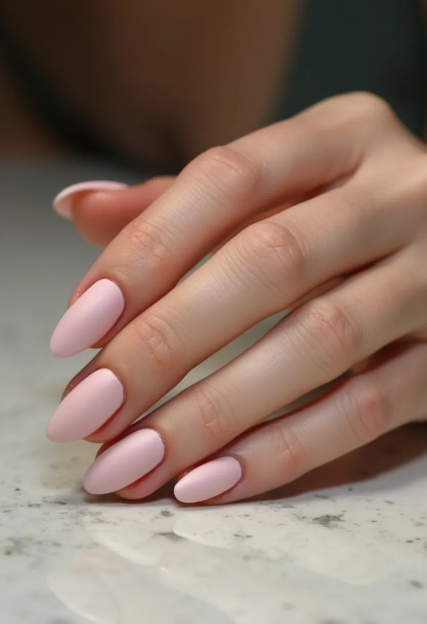 This nail design features a soft, pastel pink color palette, giving it a delicate and sophisticated look. The nails are almond-shaped, which adds a touch of elegance and lengthens the appearance of the fingers. The finish on the nails appears to be a smooth, matte texture, likely achieved through a gel or shellac treatment, offering a durable and long-lasting manicure. The design is simple and understated, without any intricate patterns or additional decorations, making it versatile for various occasions. The light pink shade and minimalistic style make it especially suitable for a spring or summer theme, adding a touch of freshness and femininity.