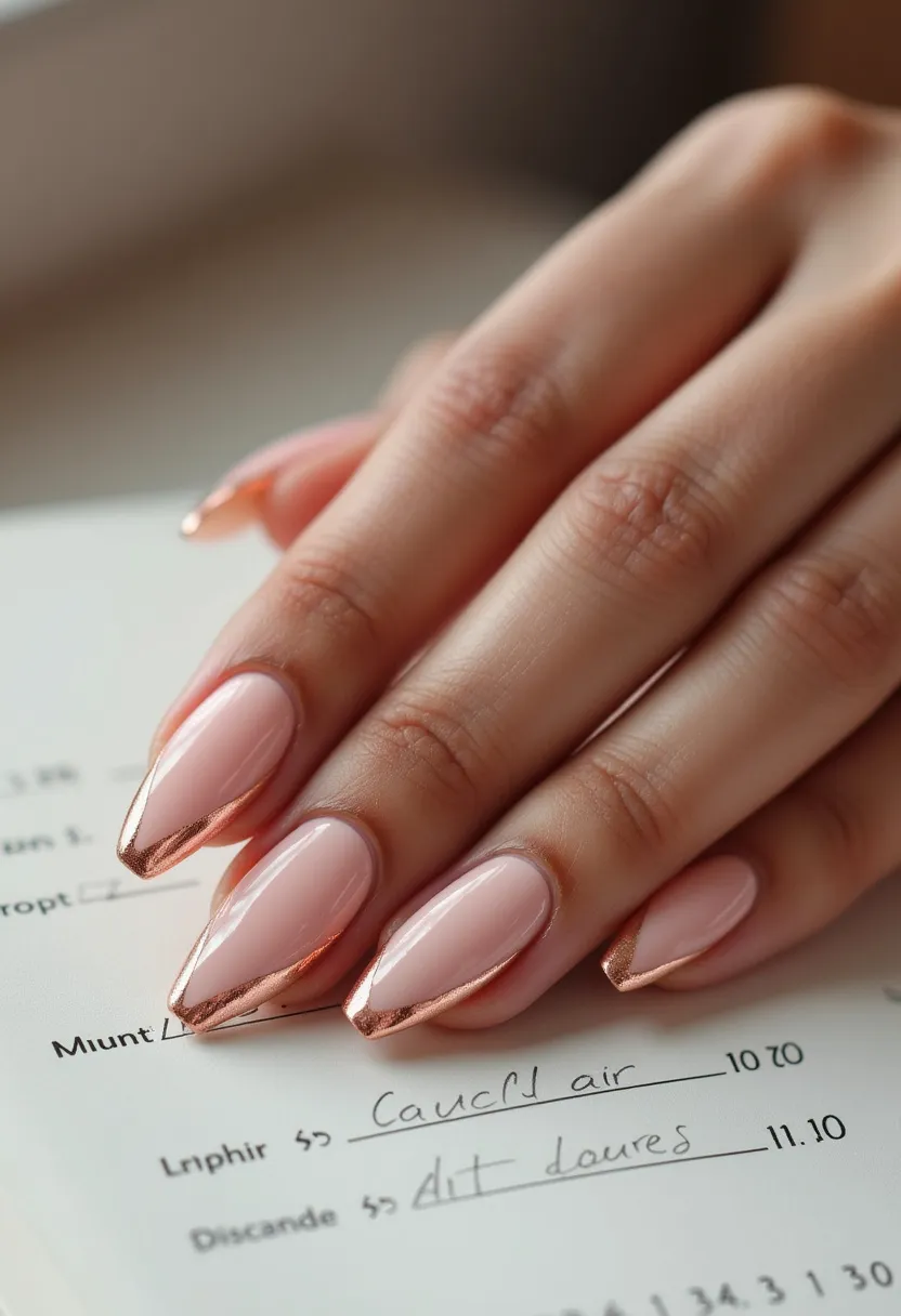 The nail design features a delicate and elegant look, with almond-shaped nails that have been treated likely with gel for a smooth and glossy finish. The primary color in the palette is a soft nude pink, creating a sophisticated base. Each nail is accented with a metallic rose gold tip, adding a touch of gleaming elegance and a modern twist to the classic French tip style. The subtle sparkle from the rose gold suggests a versatile design suitable for special occasions such as weddings or evening events and can complement seasonal themes like autumn or winter holidays. The minimalistic yet luxurious decorations make this nail design both eye-catching and refined.