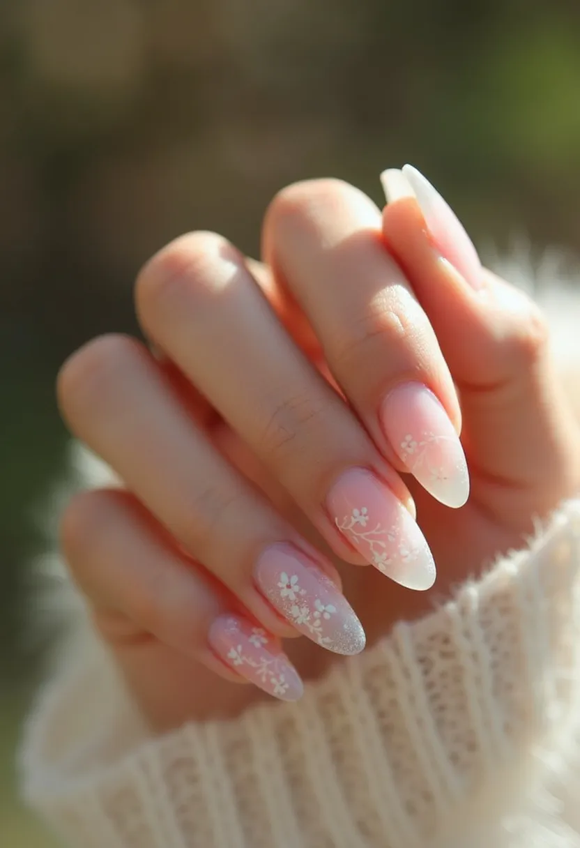 The nail design features a soft, feminine color palette with a light pink base gradually fading to a clear or very light tip, creating a delicate ombre effect. The nails are almond-shaped, giving them an elegant and elongated appearance. Intricate white floral patterns, resembling small blossoms and branches, are delicately painted on top, adding a touch of sophistication. The design likely involves a gel or acrylic treatment, ensuring longevity and a glossy finish. The overall look is romantic and ethereal, making it suitable for spring occasions, bridal events, or anytime a graceful and refined aesthetic is desired.