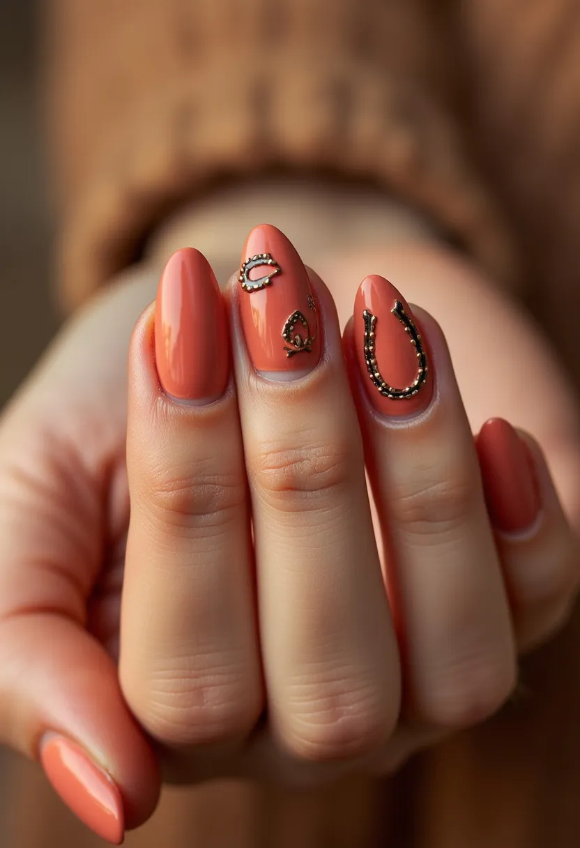 This nail design features a warm, earthy color palette dominated by a rich terracotta or burnt orange hue, ideal for a fall-inspired look. The nails are shaped into a sleek almond form, allowing for an elegant and elongated appearance. Intricate metallic decorations are intricately placed on three of the nails, showcasing motifs like a horseshoe, adding a touch of rustic charm. The horseshoe is embellished with tiny studs, adding a textured and three-dimensional element to the design. This nail art appears to utilize gel treatment, giving the nails a glossy, durable finish that makes the colors and decorations pop. The combination of the warm color and detailed metallic designs hints at a design tailored for the autumn season or themed events.