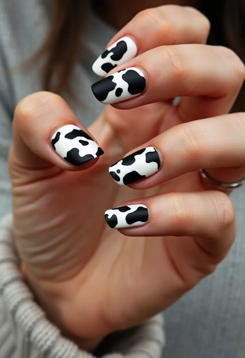 The nail design features a black and white cow-print pattern, offering a playful and bold aesthetic. The nails are medium length and have a square shape with softened edges, lending a modern and neat look. The base color is a crisp white, adorned with irregular black spots mimicking a cow's hide, creating an eye-catching contrast. The type of nail treatment appears to be gel, providing a glossy and durable finish, ideal for preserving the intricate design. This particular nail art design could be suitable for casual or fun occasions and would add a quirky touch to everyday style. The monochromatic palette keeps the look chic and visually striking.