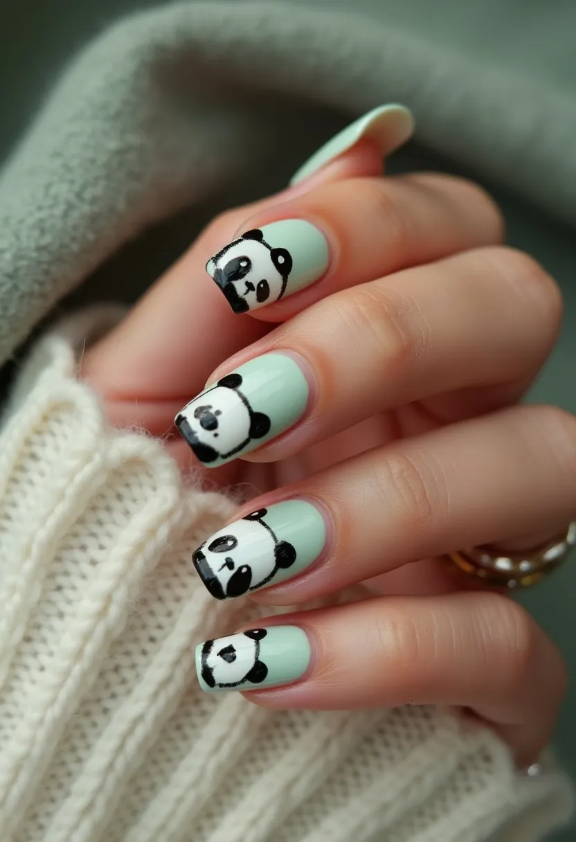 The nail design features a playful and charming panda theme, suitable for any casual or fun occasion. The nails are painted in a pastel mint green color as the base, offering a soft and soothing palette. Each nail showcases a cute panda face meticulously drawn with black and white polish, highlighting details like eyes, ears, and noses. The shape of the nails is a well-defined square with clean lines, adding to the neat and polished look of the design. This design appears to be achieved using gel polish, ensuring a glossy and durable finish. The overall aesthetic is whimsical and endearing, making it perfect for expressing a playful and creative personality.