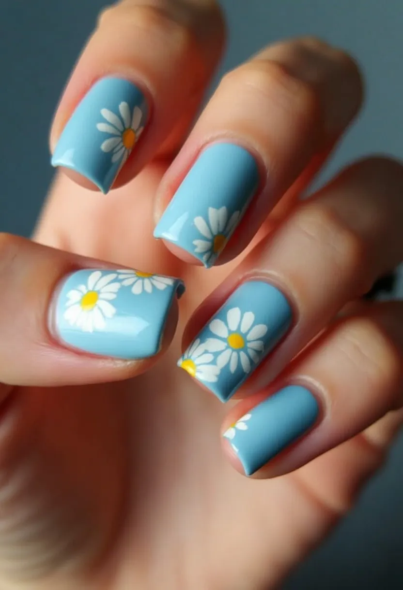 The nail design features a soft, pastel blue color palette, creating a tranquil and fresh look. The nails are shaped in a clean, square style, providing a modern and polished finish. Each nail is intricately decorated with a charming daisy pattern, where the white petals and yellow centers of the daisies stand out beautifully against the pastel blue background. The design suggests a spring or summer theme, evoking a sense of blooming floral beauty and seasonal cheer. The nail treatment appears to be gel, providing a glossy and durable finish, enhancing the vibrant colors and intricate details of the design.