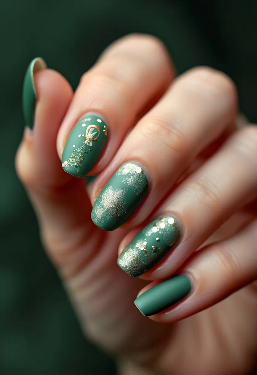 The nail design features a sophisticated and festive theme, incorporating a rich green color as the primary palette. The nails are shaped in a medium-length oval form and display meticulous nail art. This design includes golden accents, with some nails adorned with subtle brushstrokes of metallic gold, and others featuring intricate holiday-themed decorations such as Christmas trees and decorative patterns. The designs also incorporate delicate gold dots, adding a touch of sparkle. Given the glossy yet durable appearance, the treatment is likely a gel polish, ensuring a long-lasting finish ideal for holiday celebrations. The overall aesthetic is both elegant and festive, perfect for the winter holiday season.