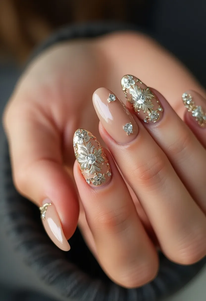 The nail design features a sophisticated color palette characterized by a nude base that accentuates delicate golden floral patterns. The nails are almond-shaped, contributing to an elegant and elongated appearance. The intricate decorations include ornate gold flowers and embellishments, along with small crystal-like accents scattered across the nails, adding a touch of glamour and sparkle. This design appears to utilize a gel polish treatment, known for its glossy finish and durability. The ornate and luxurious detailing suggests that this nail art is suitable for special occasions, possibly for celebrations, weddings, or the festive holiday season. The overall design exudes a sense of elegance and high sophistication.