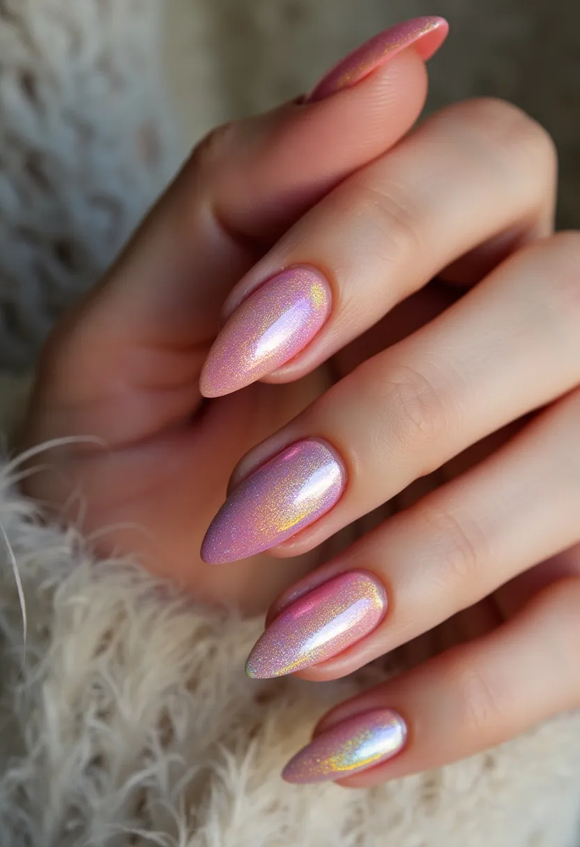 The nail design features an elegant combination of soft, iridescent hues that shift between pink and golden-yellow, creating a mesmerizing holographic effect. The nails are shaped in a refined almond style, adding a sophisticated look. The treatment appears to be shellac, given the high shine and durable finish commonly associated with this type of manicure. There are no intricate patterns or adornments, but the holographic finish provides a visually captivating element. The shimmering, multi-dimensional color palette and glossy finish make this design suitable for special occasions or a festive, seasonal theme. This design's sophisticated and trendy appearance easily transitions from casual to formal settings.