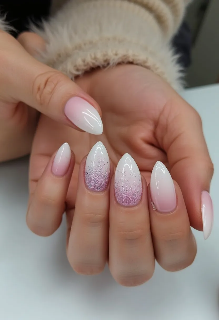 The nail design features a soft and elegant color palette consisting of light pinks blended into white, creating a gentle ombré effect. The nails are shaped into a sharp stiletto style, adding a touch of drama to the overall look. Some nails showcase a gradient that transitions from solid pink at the base to white at the tips. Other nails are decorated with a dusting of fine pink glitter, adding a subtle sparkle and visual interest. This nail art appears to be done using gel, as indicated by the glossy finish. The design incorporates a delicate winter look given its frosty colors and glitter, making it suitable for special occasions or festive seasons.