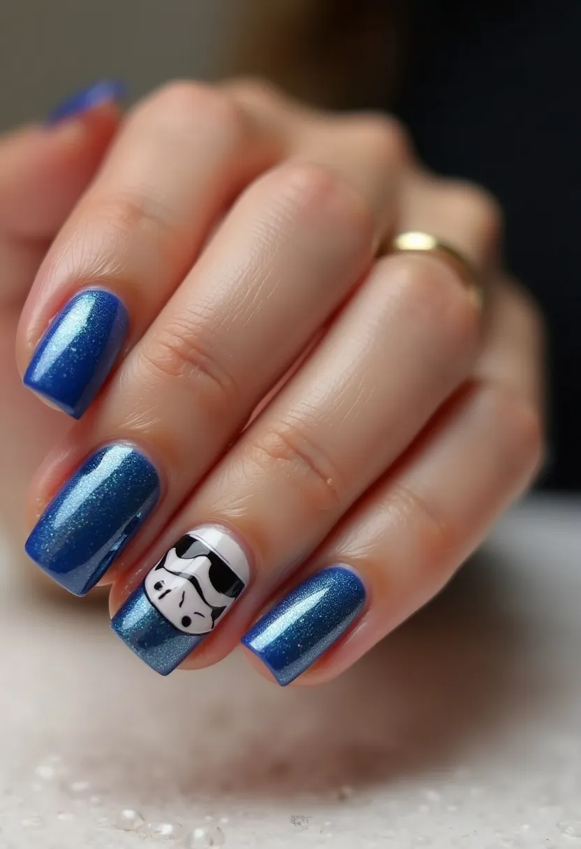 The nail design showcases a captivating color palette predominantly featuring a shimmery blue hue. The nails have a squoval shape, which is a blend of square and oval, providing a graceful yet modern look. One notable feature is the intricate Stormtrooper helmet design meticulously painted on one of the nails, adding a touch of fandom flair. The stormtrooper's helmet, primarily using white and black, stands out against the blue, making it the highlight of the design. This nail treatment appears to be gel polish, known for its long-lasting shine and durability. Unique details like the glittery finish on the blue nails elevate the design, making it perfect for special occasions or even sci-fi themed events, capturing the spirit of a Star Wars enthusiast.