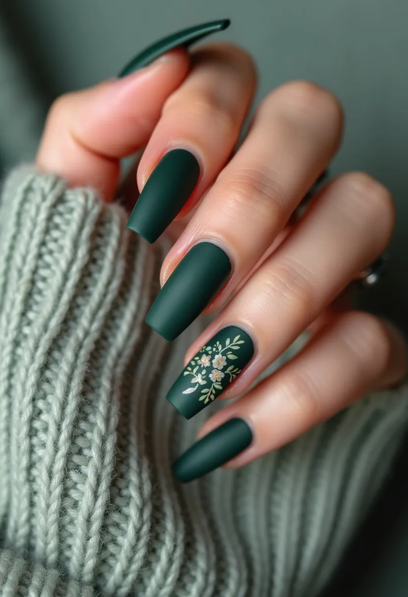 The nail design features a dark green color palette with a matte finish, creating an elegant and understated look. The nails are long and shaped into a square style with slightly rounded edges, giving a modern and clean appearance. One of the nails is intricately decorated with a delicate floral pattern that includes small white flowers and green leaves, adding a touch of femininity and detail to the overall design. This pattern is subtle yet eye-catching, likely achieved with nail art techniques suitable for gel or acrylic treatments. The design is versatile, making it appropriate for both everyday wear and special occasions, and the dark green hue can be associated with colder seasons like fall or winter.