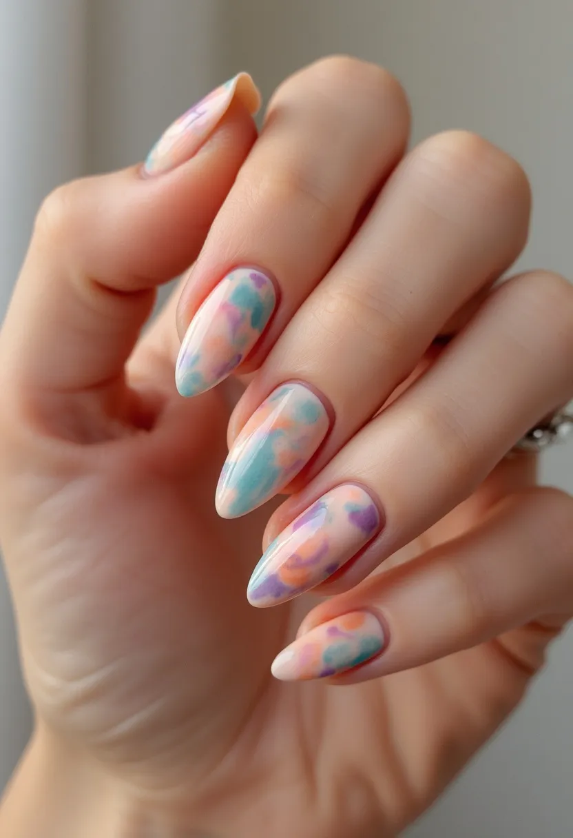 The nail design features an almond shape, providing a sleek and elongated appearance. The color palette includes pastel shades of pink, blue, and purple, blending seamlessly to create a delicate watercolor effect. The intricate patterns of the nails resemble a soft, cloudy sky, giving a dreamy and ethereal impression. This design likely utilizes gel polish, known for its glossy finish and long-lasting durability. The overall look is whimsical and could be suitable for a spring or summer theme, capturing the light and pastel tones associated with these seasons.