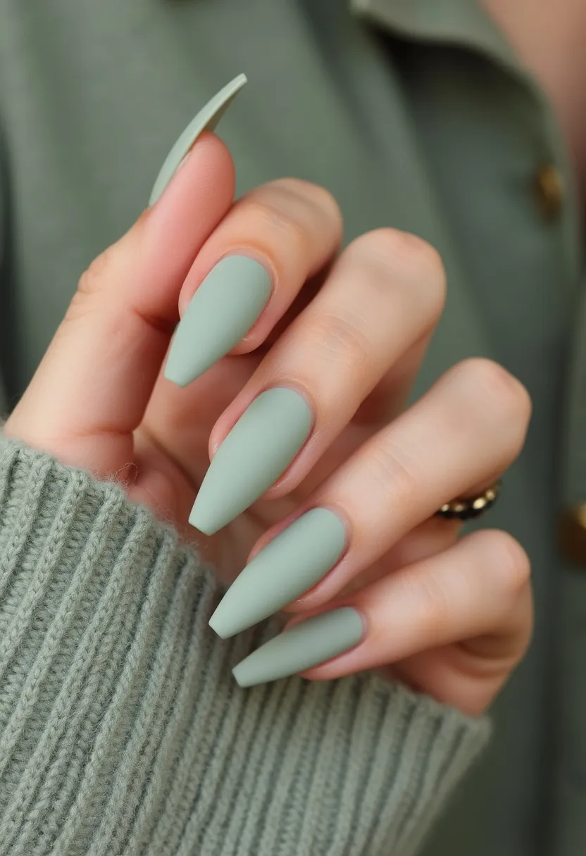 The nail design showcases a sleek, matte finish in a muted sage green color palette. The nails are shaped in an elongated stiletto style, characterized by their sharp, pointed tips. The matte sheen gives the nails a modern and sophisticated appearance, devoid of any glossy reflections or intricate patterns. The smooth surface and uniform color suggest that the nails are possibly finished with a gel or acrylic treatment to achieve the even, non-glossy texture. This subtle and elegant design is versatile, suitable for various seasons and occasions, subtly hinting towards minimalist sophistication.