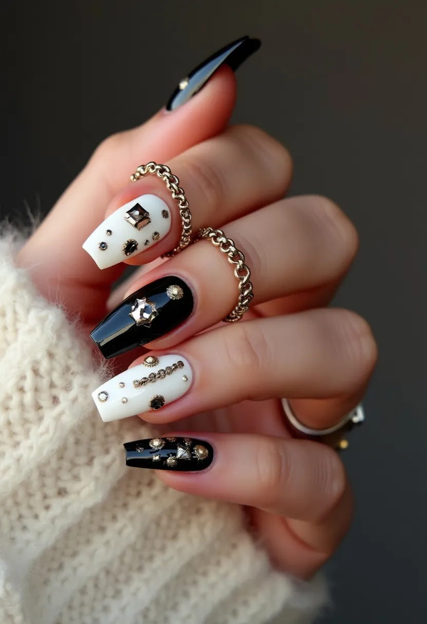 The nail design showcases a striking monochrome palette with alternating black and white colors on long, coffin-shaped nails. The nails are intricately decorated with various gold and silver embellishments, including studs, rhinestones, and chains, adding a glamorous and luxurious touch to the design. The embellishments are strategically placed to create patterns and focal points on each nail, enhancing their overall appeal. Given the high shine and durability, it appears the nails have been treated with gel polish. The design exudes an elegant and festive vibe, perfect for special occasions or a statement look.