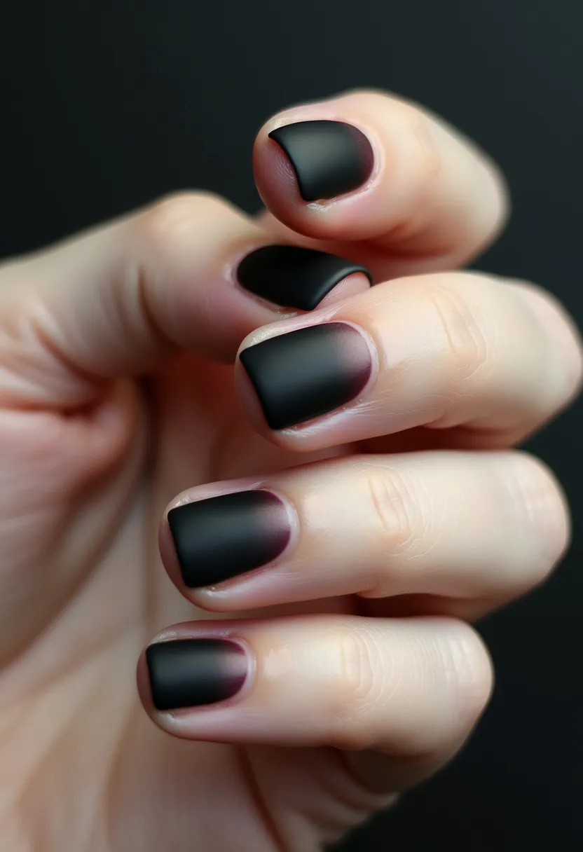 The nail design features a striking matte black color palette with a subtle gradient effect transitioning to a deep burgundy near the cuticle area. The nails are shaped in a short, square form, providing a neat and modern look. The gradient effect adds an intricate pattern, creating a sophisticated and artistic appearance. The matte finish suggests a gel or dip treatment, enhancing the boldness of the colors. This design could be ideal for the fall season or for special occasions where a chic and edgy aesthetic is desired. The combination of the matte black with the deep burgundy transition adds a unique and fashionable detail to the overall nail art.