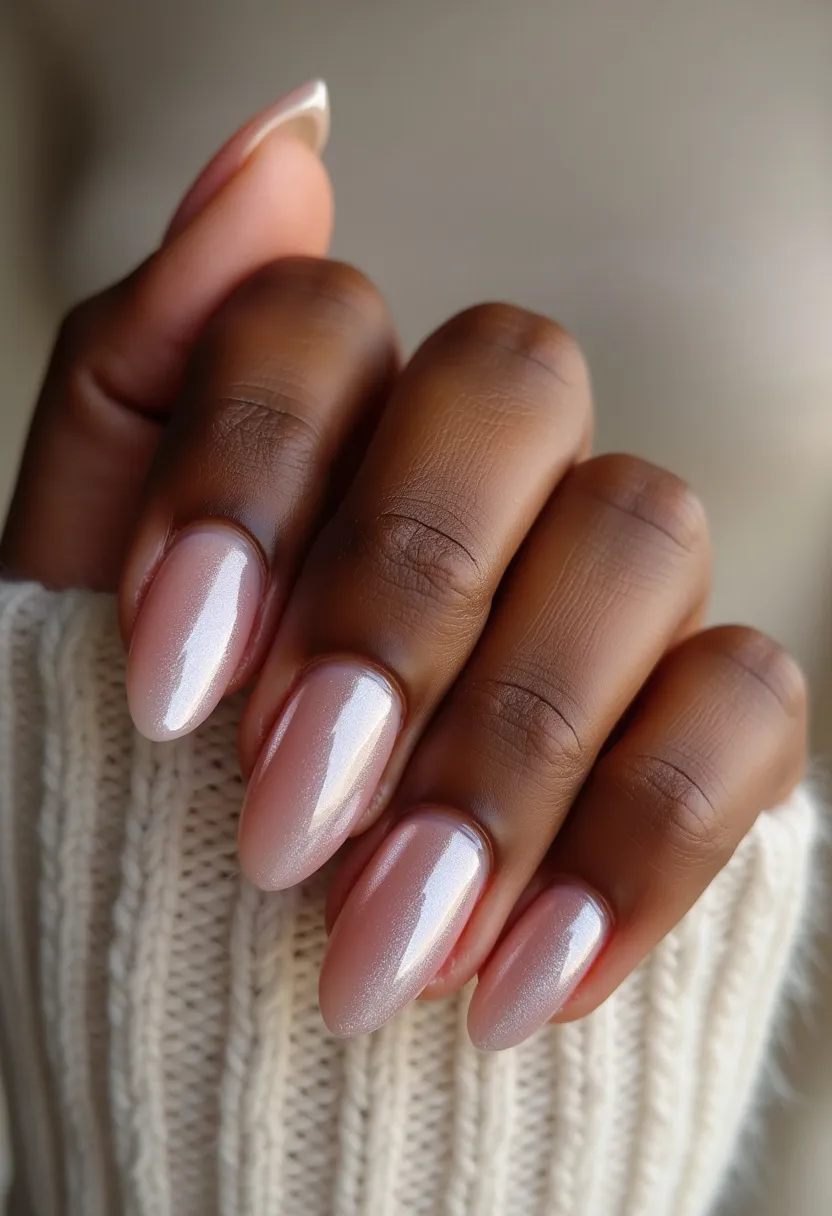 The nail design in the image showcases a set of nails painted with a pearly, iridescent pale pink polish, giving off a subtle, elegant shimmer. The nails are shaped in an almond style, featuring a gently tapered, rounded tip that elongates the fingers. The overall design is simple yet sophisticated, with no additional intricate patterns or decorations present, making it versatile for everyday wear or special occasions. The treatment appears to be a gel polish, as indicated by the high-gloss finish and smooth, even application. The soft pink color palette and understated elegance suggest a timeless, classic look suitable for any season.