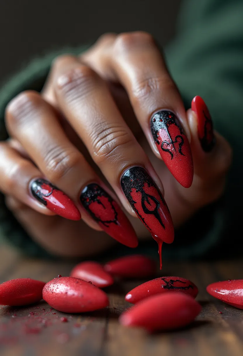 The nail design features a striking color palette predominantly of black and red. The nails are shaped in a pointed, almond style which adds a dramatic effect to the overall look. The base color of the nails is a vibrant red, adorned with intricate black patterns that resemble dripping or bleeding effects, giving an edgy and gothic aesthetic. Additionally, some nails showcase abstract heart and teardrop shapes in black, enhancing the visual interest. The glossy finish and smooth appearance suggest that a gel treatment was likely used to achieve this intense and polished look. The design appears to be inspired by themes fitting for Halloween or a similar dark, theatrical event.