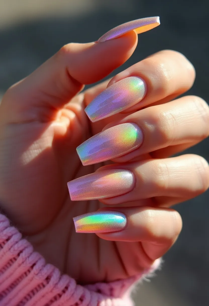 The nail design features a stunning holographic palette with an iridescent finish that shifts between pastel shades of pink, blue, green, and purple, creating a mesmerizing rainbow effect. The nails are long and shaped into a square tip, giving a sharp, modern look. The holographic nail treatment appears to be gel-based, which enhances the vibrant reflective quality and provides a smooth, glossy surface. This design, with its captivating play of colors, is perfect for a festive or celebratory occasion, adding a fun and glamorous touch suitable for parties or special events. The holographic effect gives the nails a unique, eye-catching appeal, reflecting light beautifully and showcasing a dynamic, multidimensional appearance.