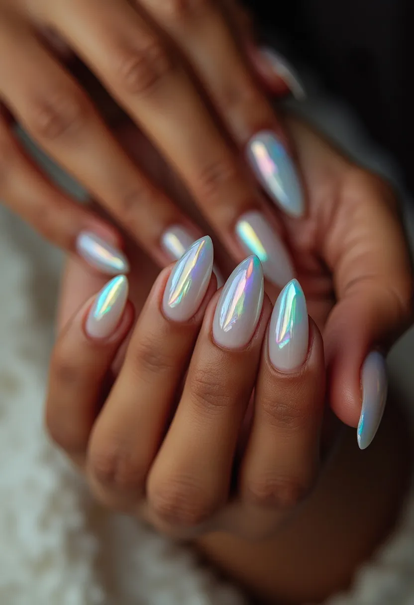 The nail design features a striking and elegant futuristic look, utilizing an iridescent color palette that shimmers with hints of purple, blue, and green, reflecting light at different angles. The nails are shaped in a medium-length almond style, which gives a sophisticated and elongating effect to the fingers. This particular design appears to be achieved through a shellac or gel treatment due to its exceptionally glossy and smooth finish. The nails are uniformly coated without intricate patterns, focusing instead on the mesmerizing play of light for decoration. The overall look is versatile and chic, making it suitable for both everyday wear and special occasions, adding a touch of glamour and modernity to any style.