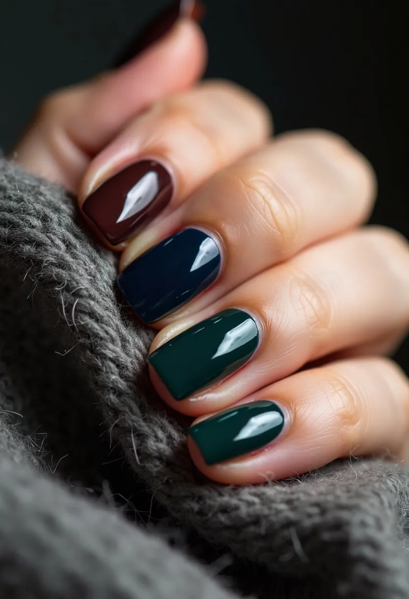 This nail design features a cozy and sophisticated color palette, with deep, earthy tones of dark brown, navy blue, and forest green on short, square-shaped nails. Each nail is painted in a solid, glossy finish, likely achieved with a gel nail treatment given the high shine and smooth texture. The nail colors create an elegant and understated look, suitable for the fall or winter seasons, reflecting a subtle nod to darker, more muted seasonal themes. The simplicity of the solid colors without additional patterns or decorations keeps the focus on the rich hues, providing a timeless and versatile manicure.