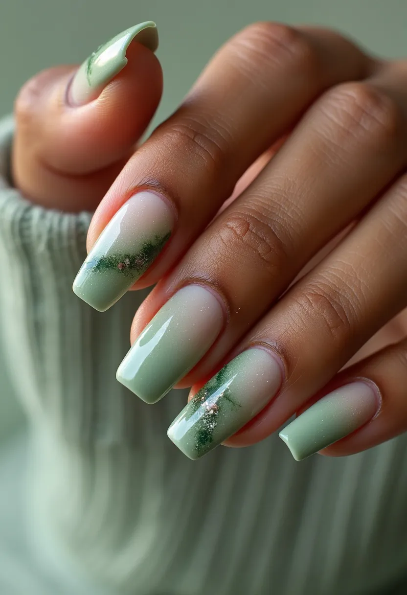 The nail design features medium-length, square-shaped nails adorned with a soft pastel green color palette. The intricate design consists of a gradient effect transitioning from a near-nude base to a muted green towards the tips, accented with subtle sparkles and delicate evergreen tree motifs. This design appears to be done using a gel treatment, providing a glossy and smoothly finished look. The details suggest a winter or holiday theme, as indicated by the forest-like imagery and the serene, frosty green shades, ideal for seasonal celebrations. The overall appearance is sophisticated and elegant, combining both simplicity and festive charm.