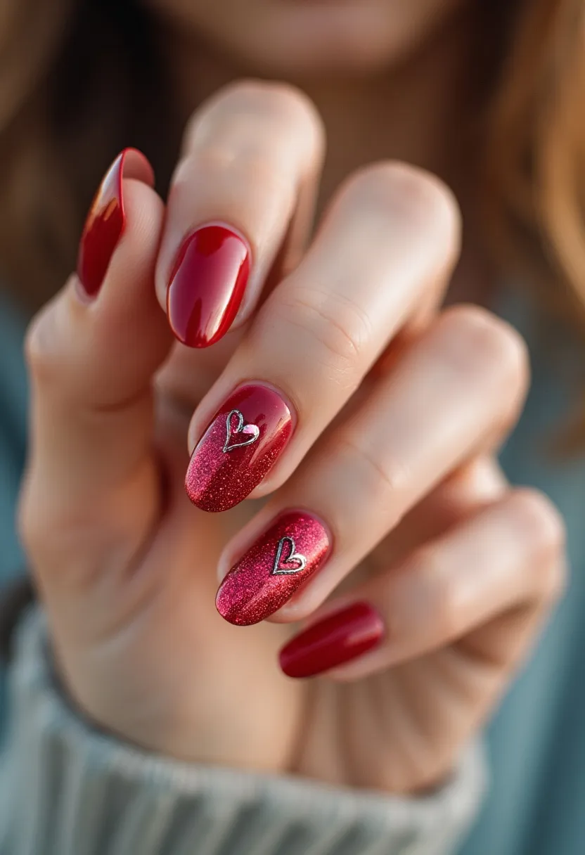 The nail design features a stunning red color palette, with the nails shaped in an elegant almond form. The middle and ring fingernails highlight an intricate design, displaying a gradient glitter effect that transitions from a deep red to a sparkling pink shade. Each of these nails is adorned with a delicate, silver heart outline, adding a touch of charm and romance. The finishing appears to be a glossy gel or possibly shellac treatment, ensuring a smooth and shiny surface. The overall aesthetic is sophisticated and could be suitable for special occasions, particularly romantic events such as Valentine's Day.