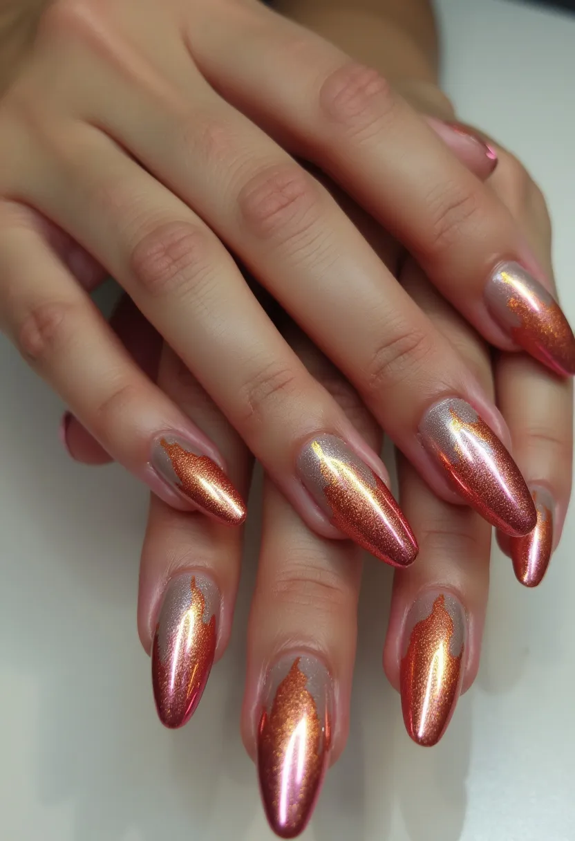 The nail design features a color palette dominated by metallic copper and silver hues. The nails are almond-shaped, giving a sleek and elegant appearance. They are treated with a gel application, evident from the glossy and smooth surface. The design includes an intricate pattern where the copper polish appears to cascade over the silver base in a flowing, almost flame-like manner. This dynamic design adds a unique detail, making the nails appear elaborate and eye-catching. The fiery effect hints at an autumnal or festive seasonal theme, suitable for special occasions or holidays.