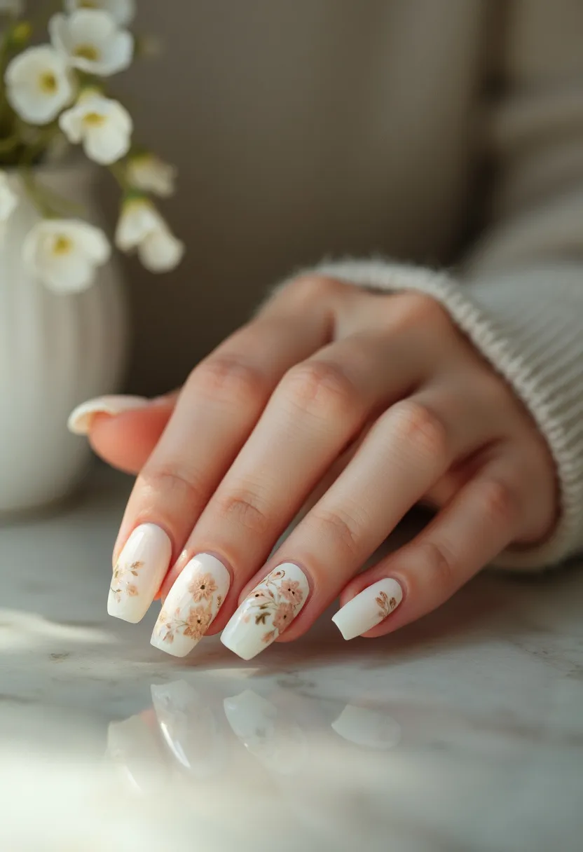 The nail design features a soft, ivory base color paired with delicate, hand-painted floral patterns in shades of peach and light brown. The nails are medium-length and squared in shape, providing a neat, sophisticated appearance. The intricate floral decorations suggest a skilled application, likely achieved using gel for its glossy finish and durability. This design exudes a gentle, romantic aesthetic, making it suitable for spring or summer seasons, or for a special occasion such as a wedding or a garden party. The harmonious color palette and refined details underline its timeless elegance.