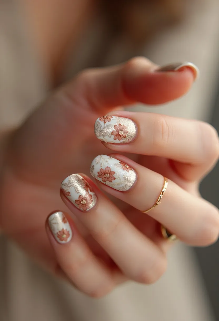 The nail design showcases a beautiful blend of metallic and floral elements, with a color palette consisting of shimmering gold, white, and warm, earthy tones. The nails are shaped in a medium-length, oval form, providing a classic and elegant look. Intricate floral patterns featuring detailed blossoms are strategically placed on each nail, adding a touch of sophistication and charm. The nail treatment appears to be gel-based, giving a glossy and durable finish. This design's delicate and refined aesthetic makes it ideal for special occasions or as a stunning seasonal accessory, particularly in the spring or summer months when floral motifs are especially popular.