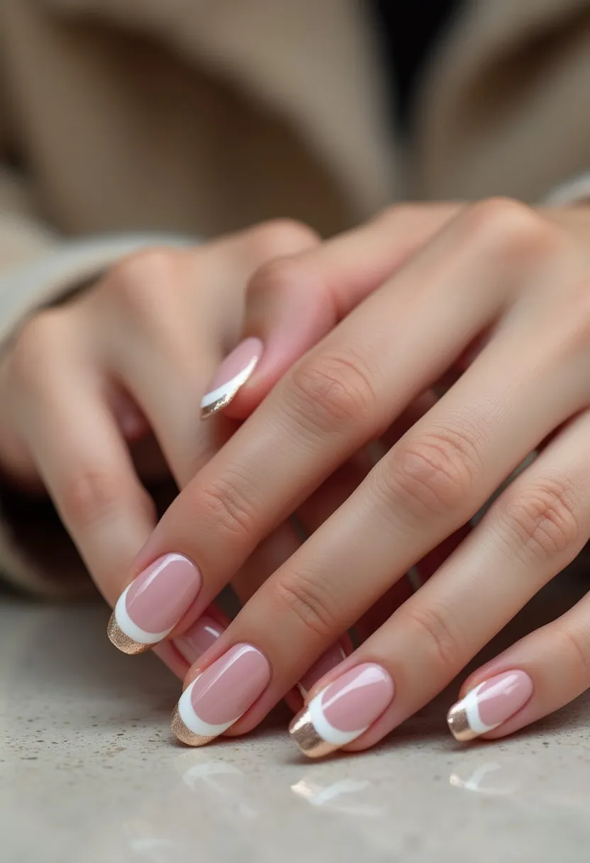 The nail design showcases a polished and elegant appearance with a subtle, light pink base color that is both soft and feminine. The nails are shaped in a medium-length, rounded square style, offering a sophisticated and clean look. The tips are accentuated with a white crescent moon shape, accompanied by a glittery gold edge, giving a modern twist to the classic French manicure. This intricate combination of a dual-color tip elevates the nails with a touch of glamour. The nail treatment appears to be gel-based, providing a glossy and durable finish. This design, with its charming pastel and metallic hues, could be suitable for bridal occasions, formal events, or the festive holiday season.