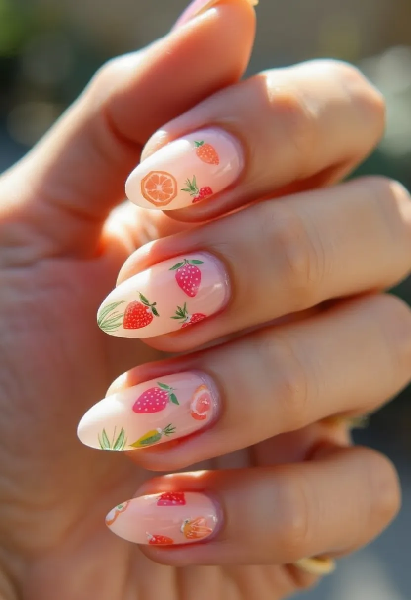 The nail design features a soft, pastel pink color as the base with intricate fruit-themed decorations. The nails are almond-shaped, offering a sleek and elegant look. Each nail is adorned with colorful fruit stickers, including strawberries, oranges, and other vibrant fruits, adding a playful and summery touch. The treatment appears to be a gel manicure, given the glossy finish and smooth surface. The use of bright and fresh fruit motifs suggests a seasonal summer theme, perfect for sunny days and casual outings. This whimsical design is ideal for those looking to add a fun and fruity twist to their nail art.