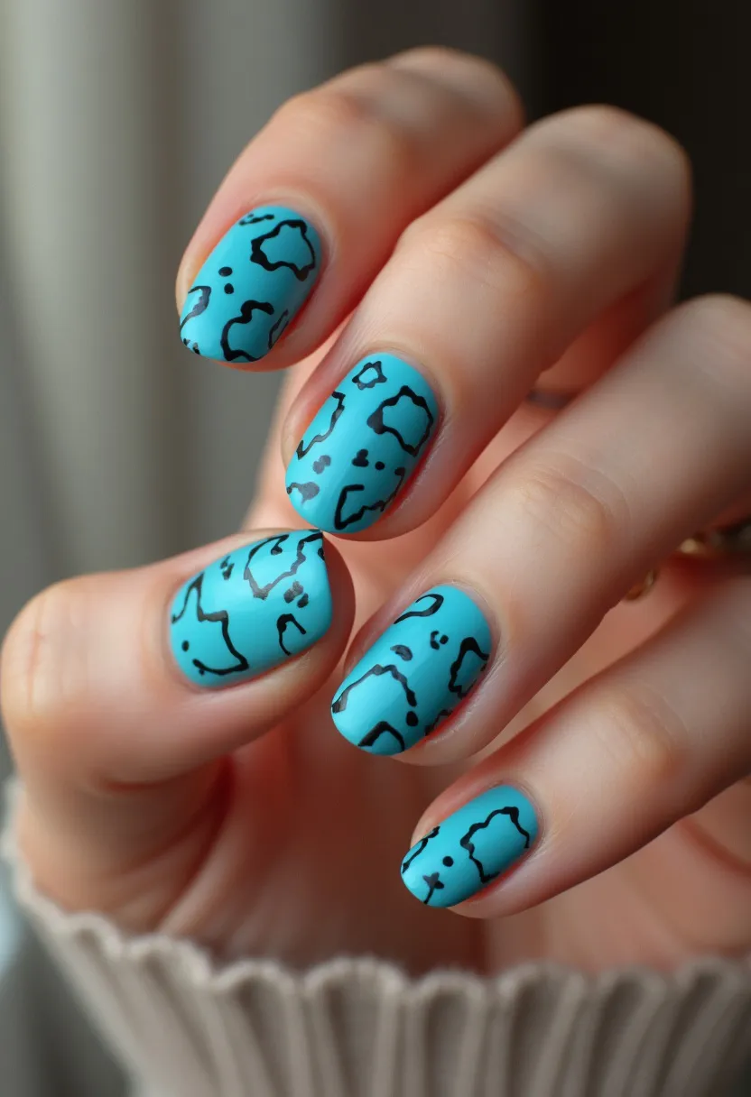 The nail design showcases a striking and modern approach with nails painted in a matte turquoise color, creating a vibrant and eye-catching base. The nails are medium length with a rounded shape, contributing to an elegant yet playful look. Intricate black abstract outlines overlay the turquoise base, creating a pattern reminiscent of geographical maps or stylized cartography, adding a unique artistic flair. The finish appears to be achieved with a gel treatment, providing a smooth and durable matte texture. This nail design exudes a fresh and contemporary vibe, suitable for various occasions with a preference for artistic and unconventional styles.