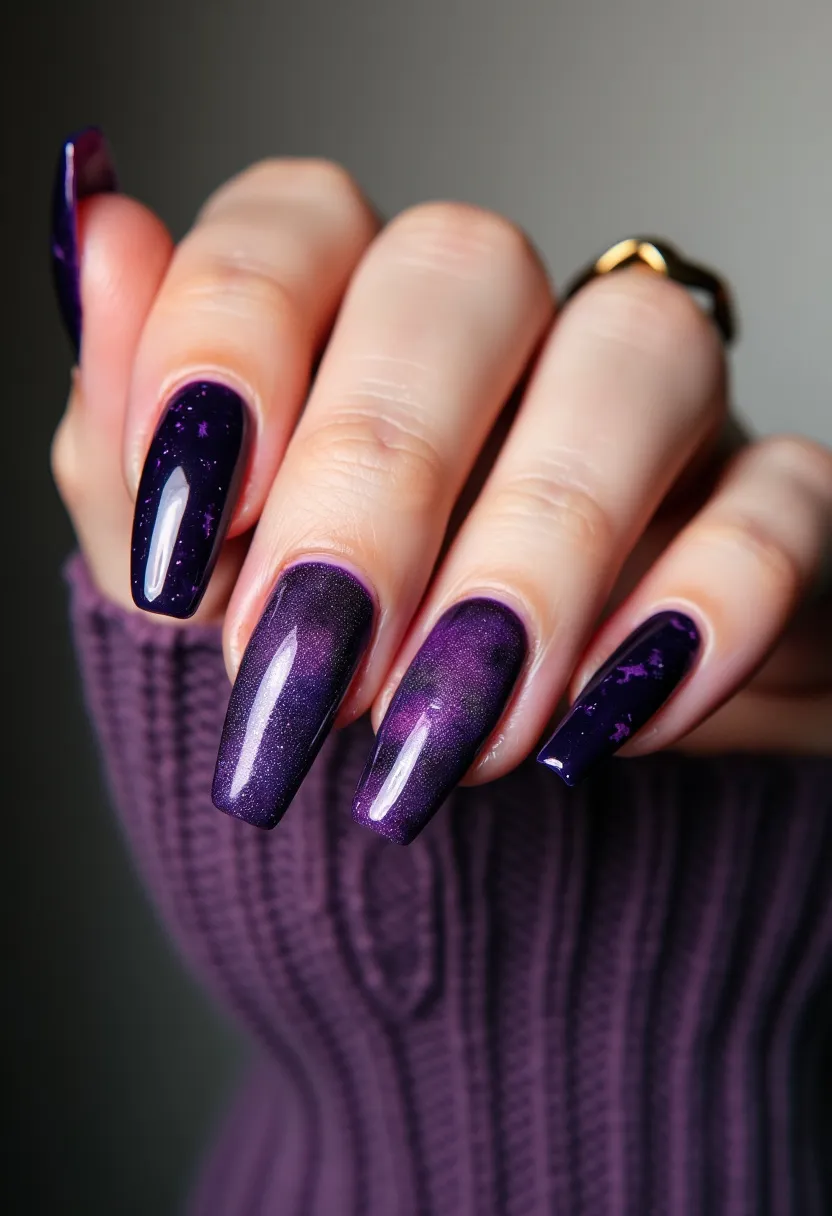 The nail design features a rich color palette primarily consisting of deep purples and dark blues, creating a gradient or ombré effect that resembles a night sky. The nails are long and almond-shaped, giving a sophisticated and elegant appearance. Intricate patterns are visible, including tiny white specks akin to stars, enhancing the celestial theme. The type of nail treatment appears to be gel polish, as indicated by the glossy and smooth finish. This design might be particularly suitable for winter or festive occasions, evoking a sense of mystery and allure.