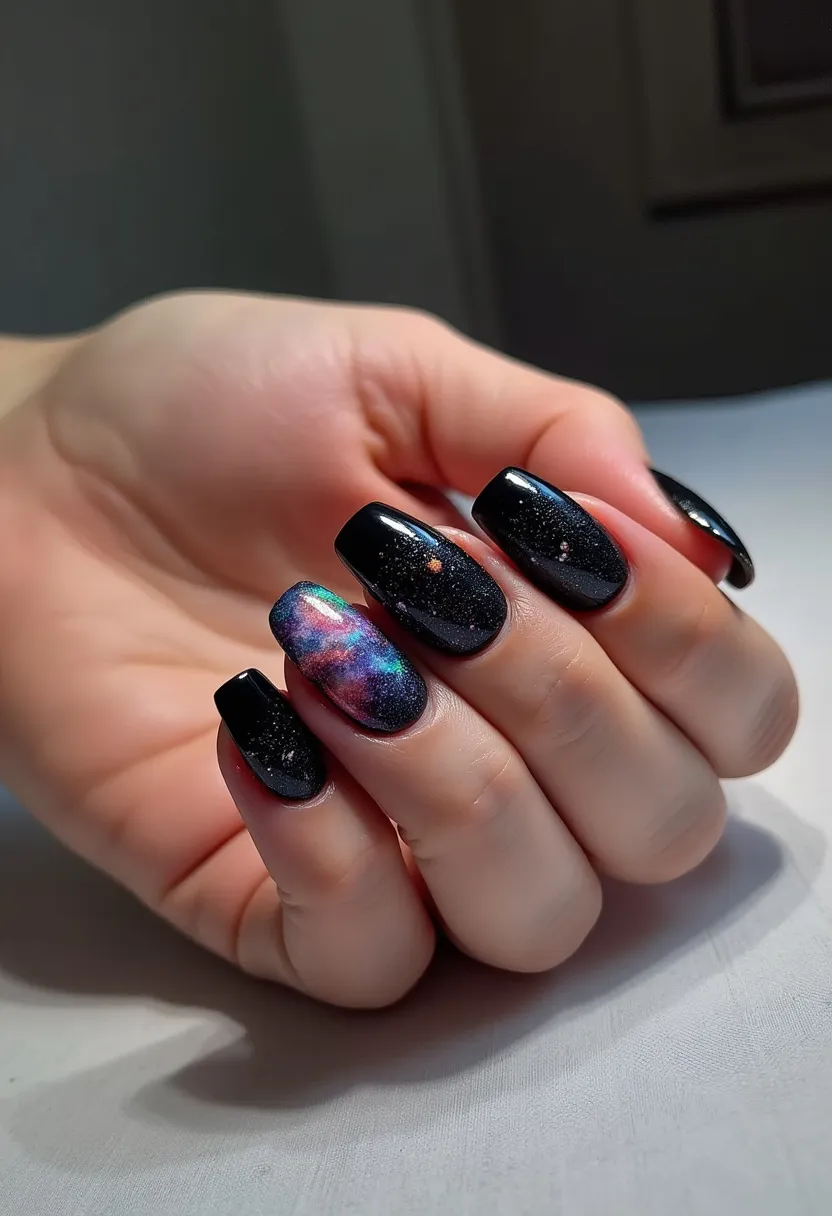 The nails are medium-length and maintain a rounded square shape. The primary color palette is a deep, glossy black with a glittery finish, giving an elegant and sophisticated look. The nails feature intricate galaxy-themed designs, with one nail on each hand showcasing a detailed depiction of a nebula with hues of blue, purple, pink, and green, creating a cosmic effect. Fine white dots mimic the appearance of distant stars scattered across the black background, enhancing the celestial theme. The nails appear to use a combination of gel and acrylic treatments for durability and a polished finish. This design is unique and artistic, suitable for a special occasion or to make a bold fashion statement, capturing the beauty of the universe.