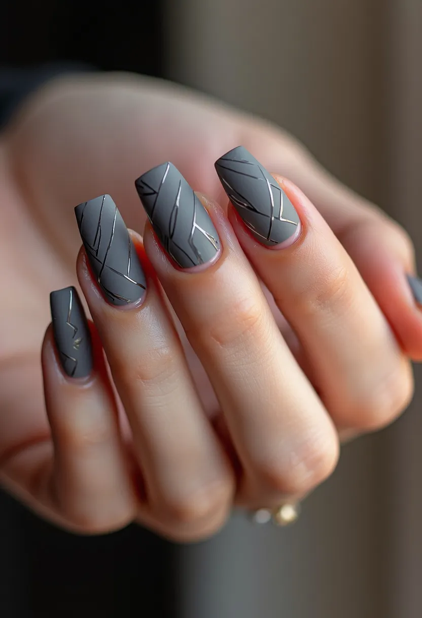 The nail design features a matte dark gray color palette, exuding a sophisticated and minimalist aesthetic. The nails are medium-length with a square shape, offering a modern and chic appearance. Intricate silver line patterns interweave across each nail, adding a touch of elegance and creating a visually appealing contrast against the matte finish. The type of nail treatment appears to be gel, known for its durability and smooth appearance. These nails could be suitable for any season, but their understated yet stylish appeal makes them particularly fitting for professional or formal occasions. The combination of geometric lines and matte finish highlights a subtle yet refined design.