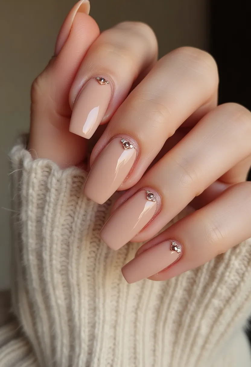 This nail design features a sophisticated and elegant look, utilizing a soft nude color palette that exudes a natural and refined appearance. The nails are shaped into a clean and classic square style, enhancing the overall polished look. Each nail is adorned with small, delicate rhinestones near the cuticle area, adding a touch of glamour without overpowering the simplicity of the nude base. The high-gloss finish suggests the use of gel polish, known for its durability and shiny finish. This minimalist design is versatile, suitable for various occasions, and can be particularly fitting for seasonal themes like winter or for special events such as weddings or formal gatherings.