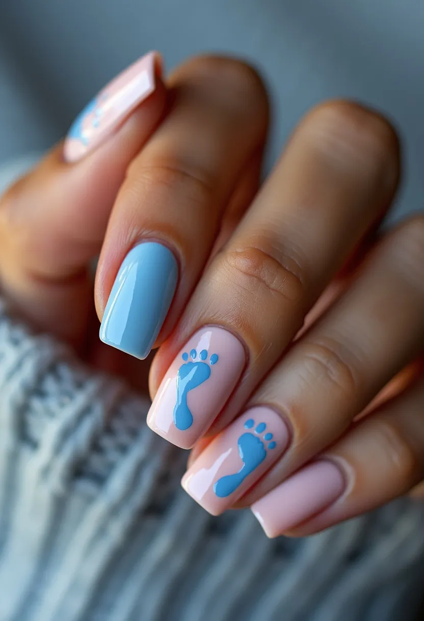 This nail design features a pastel color palette with alternating sky blue and blush pink hues. The nails are medium-length and have a square shape. The intricate patterns include adorable miniature footprints in matching sky blue on the blush pink nails, adding a playful and cute element to the design. The nails appear to be treated with gel, given their glossy finish and smooth application. This charming design could be suitable for a baby shower or a gender reveal party, emphasizing a theme of celebration and joy. The overall look is polished, fresh, and perfect for a special occasion catering to new beginnings.