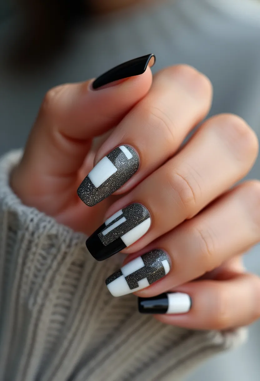 The nails feature a sophisticated and modern design, incorporating a color palette of black, white, and glittery gray. The nails are medium-length and shaped in a square-round style, giving them a clean and polished look. Each nail boasts a unique geometric pattern, utilizing straight lines and blocks of color to create a stark contrast between the matte black, glossy white, and shimmering gray sections. This design appears to be achieved with gel polish, known for its durability and high-shine finish. The overall aesthetic of the nails exudes a chic, contemporary vibe, suitable for both formal events and stylish day-to-day wear.