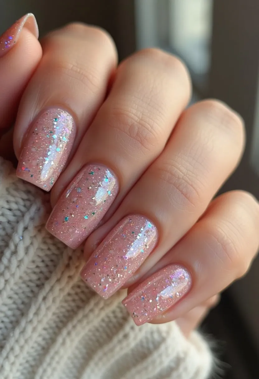 The nail design showcases a beautiful palette of soft pink hues adorned with multicolored glitter, providing a sparkling and elegant finish. The nails are shaped into a well-defined square tip, contributing to a neat and sophisticated look. The intricate pattern of holographic glitter scattered throughout gives the appearance of a dreamy, fairy-tale-like effect. This design uses a gel treatment, evident from the smooth and glossy finish that ensures lasting shine and durability. The glitter and soft color choice suggest a theme suitable for special occasions, possibly a festive celebration or a wintry gathering, adding a touch of enchantment to any ensemble.