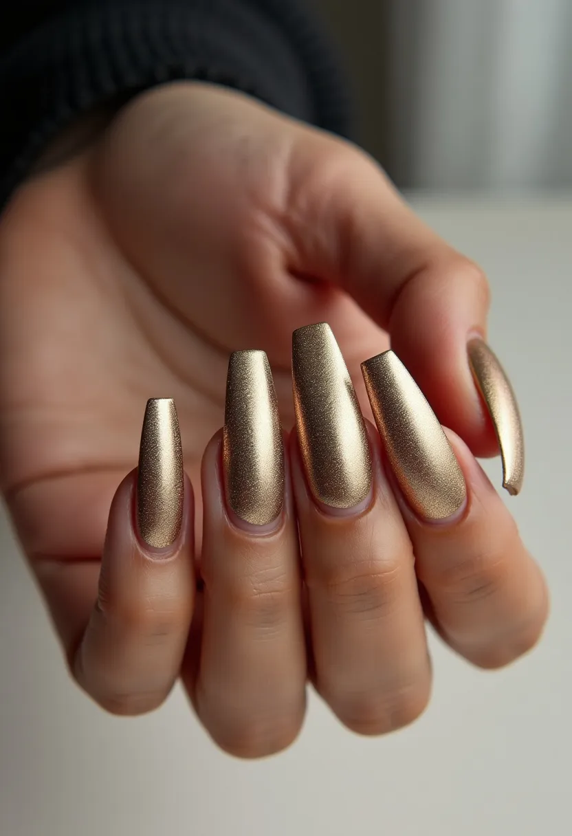 The nails display a luxurious and elegant design, predominantly featuring a metallic golden color, adding a sophisticated shimmer to the overall appearance. The nails are long and shaped in a coffin style, which further enhances their trendy and stylish look. There are no intricate patterns or additional decorations, highlighting the simplicity and elegance of the design. The manicure appears to be a kind typically achieved through gel or acrylic treatments, ensuring durability and a glossy finish. This nail design exudes a festive and glamorous vibe, making it suitable for special occasions such as holidays, celebrations, or festive events.