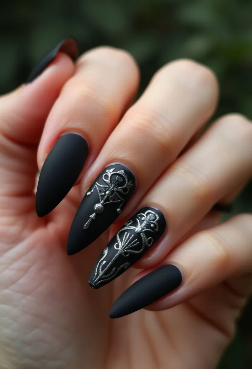 The nail design features a striking black matte color palette, exuding a sophisticated and elegant appeal. The nails are shaped into long, pointed stiletto tips, adding a dramatic and bold flair to the overall look. Two of the nails prominently showcase intricate silver detailing that appears to be inspired by ornate, vintage jewelry design, with delicate filigree and decorative elements. The contrast between the matte black base and the shiny silver patterns creates a visually stunning effect. This design likely involves a gel or acrylic nail treatment to achieve the durability and precision required for the elaborate decoration. The refined and luxurious style suggests a theme suitable for formal events or special occasions, possibly evoking a sense of gothic or timeless elegance.