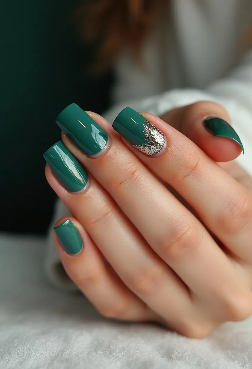 The nail design features a sleek and elegant look with square-shaped nails. The primary color palette used is a deep, forest green which covers the majority of the nails, providing a rich and sophisticated base. The ring finger stands out with intricate silver glitter applied in a gradient effect from the cuticle to the middle of the nail, adding a touch of glamour and sparkle. This design is likely achieved with gel polish, ensuring a glossy and long-lasting finish. The combination of deep green and silver glitter suggests a seasonal theme that is perfect for the winter holidays or festive occasions. This sophisticated look balances simplicity with a hint of festive charm.