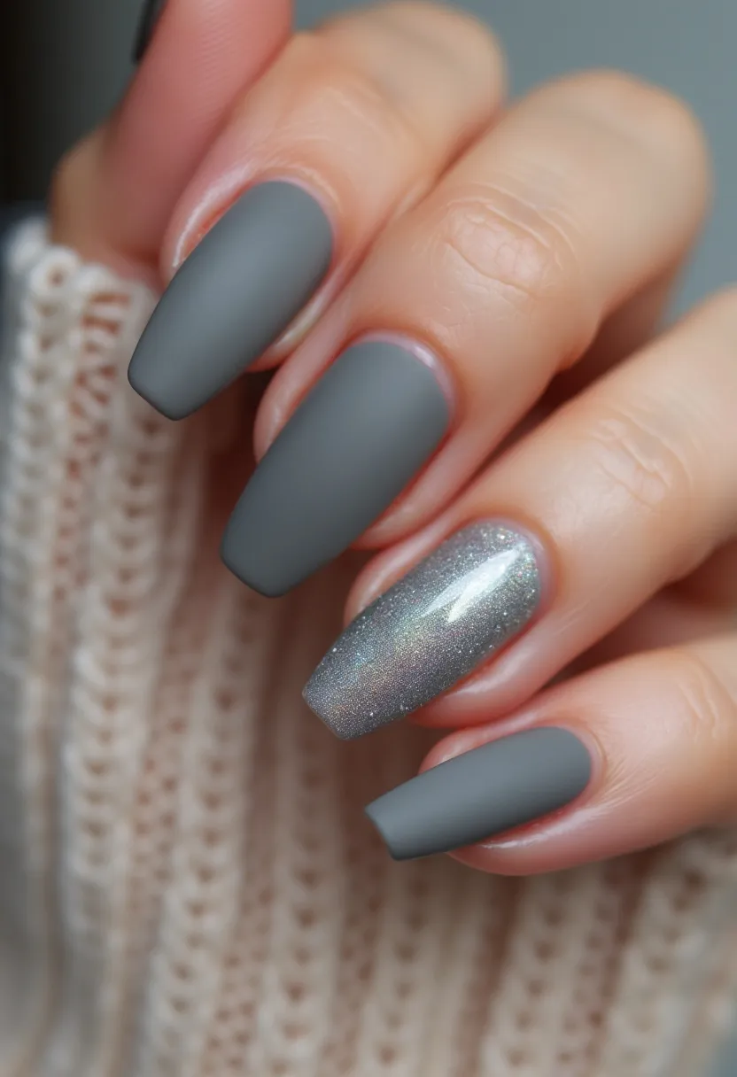 The nail design features a modern, sophisticated look with a matte gray color palette, contrasted by a single accent nail adorned with a shimmering silver. The nails are of a medium length with a coffin shape, providing a chic and elegant appearance. The primary gray nails appear to have been treated with a matte gel polish, ensuring a velvety finish, while the accent nail likely employs a glitter gel or dip powder for a dazzling effect. This design is ideal for the winter season or for formal occasions, with the minimalist yet striking contrast appealing to those looking to balance subtlety with glamour.